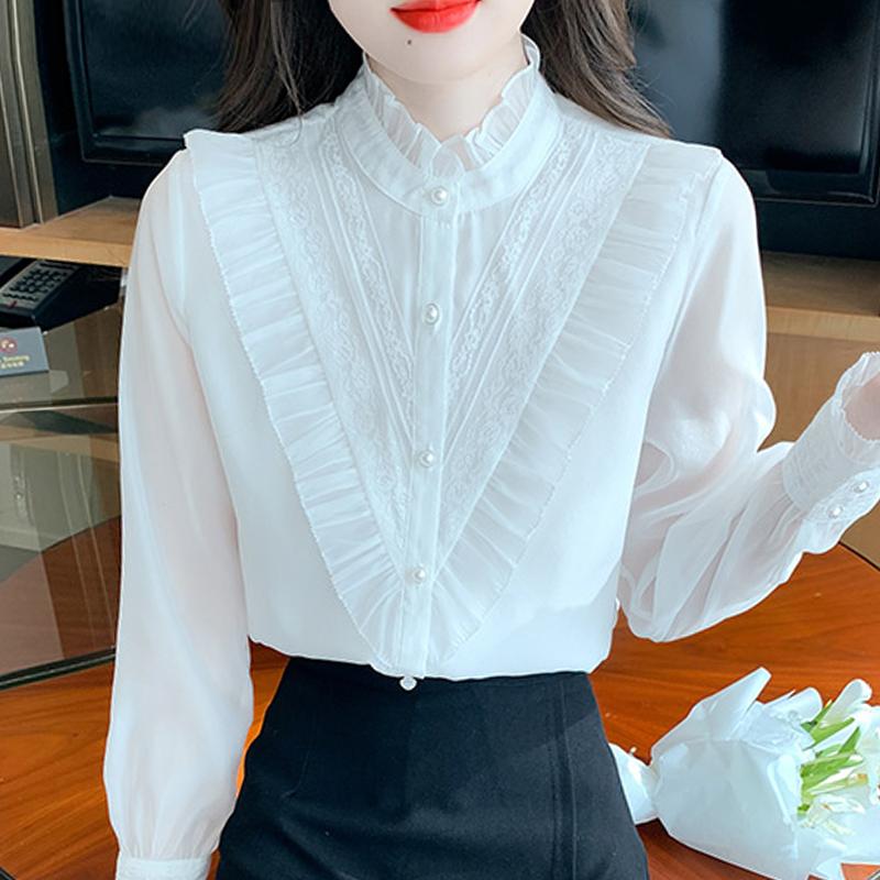 New 2024 Fashion Autumn Long Sleeve Stand Collar Casual Lace Ruffles White Chiffon Blouse Shirt Women Tops Blouses Shirts J515
