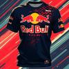 Round Neck 3D Red Bull Racing Printed Top Casual Short Sleeved Men's T-shirts - Soft Medium Stretch Polyester Fabric Summer Relaxed Fit Clothing