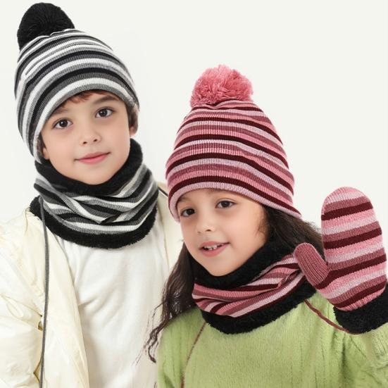 Набор из 3 предметов: детская шапка, шарф, перчатки, полосатый принт, веревка против потери, теплая, дышащая, комбинированный набор шапка-шарф-перчатки, зимняя экипировка