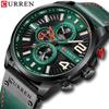 Watches for Mens Chronograph Leather Wristwatch Fashion Green Male Clock with Designed Dial