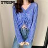 Girl's Hollow Out Solid V-Neck Knitwear Spring Long Sleeve Loose Thin Casual Knitted Tops Drawstring Sunscreen Pullovers