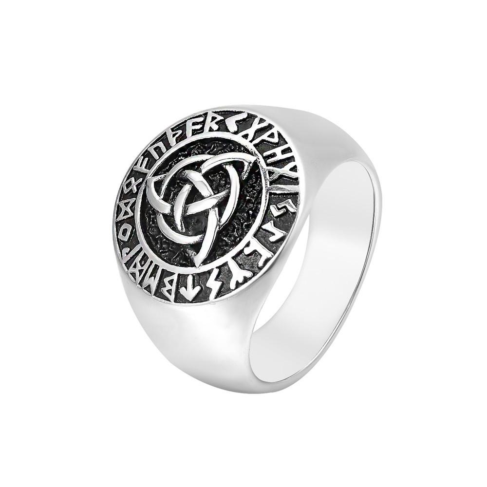 Punk Rock Titanium Steel Nordic Viking Script Runes of Lun Celtic Concentric Knot Round Ring for Men Retro Jewelry Size 7-13