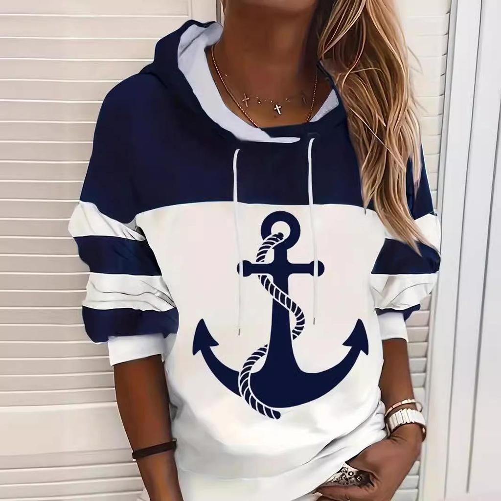 Comfortable Anchor Print Casual Hooded Sweatshirt for Women, 2024 Collection, Long Sleeve