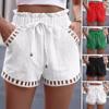 Women Summer Shorts Drawstring Elastic Waist Shirring Edge Hollow Out Side Pockets Solid Color Loose Above Knee Length Casual Sport Daily Mini Shorts