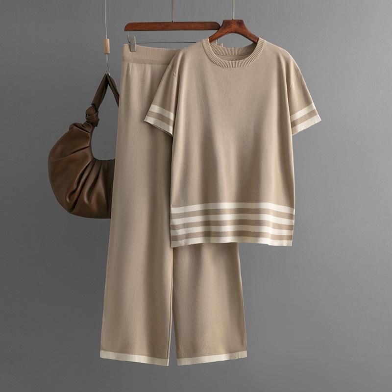 Fall Winter Lazy Wind Loose High Collar Pulllover Sweater Suit Women's Solid Color Short Sleeve Knit Wide Leg Pants Two Piece Set