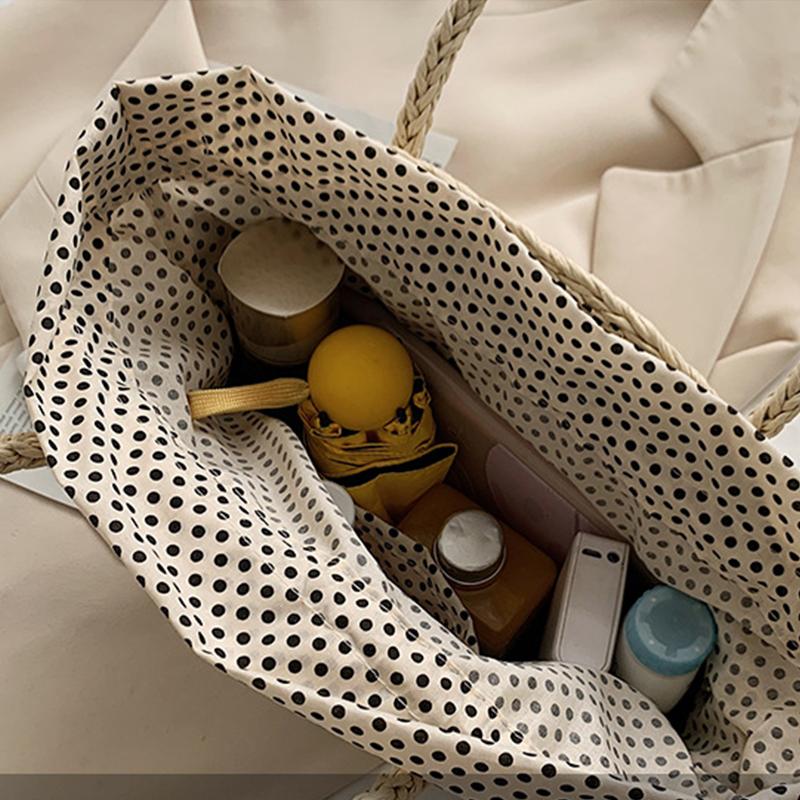 Summer Straw Bag Women Weave Handmade Handbag Drawstring Handle Bag Large Capacity Wave Point Tote Bag Shopping Bags ARI