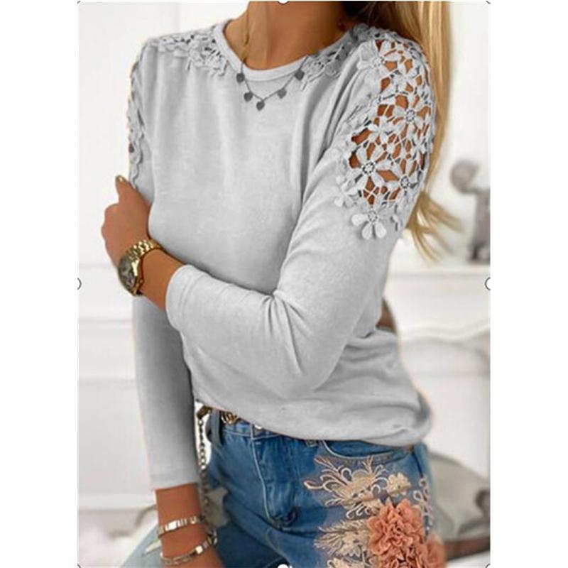 FASHION Women Fashion Pure Color Slim Lace Hollow Long Sleeve T-Shirt Soft and Comfortable Thin Loose Casual Tops