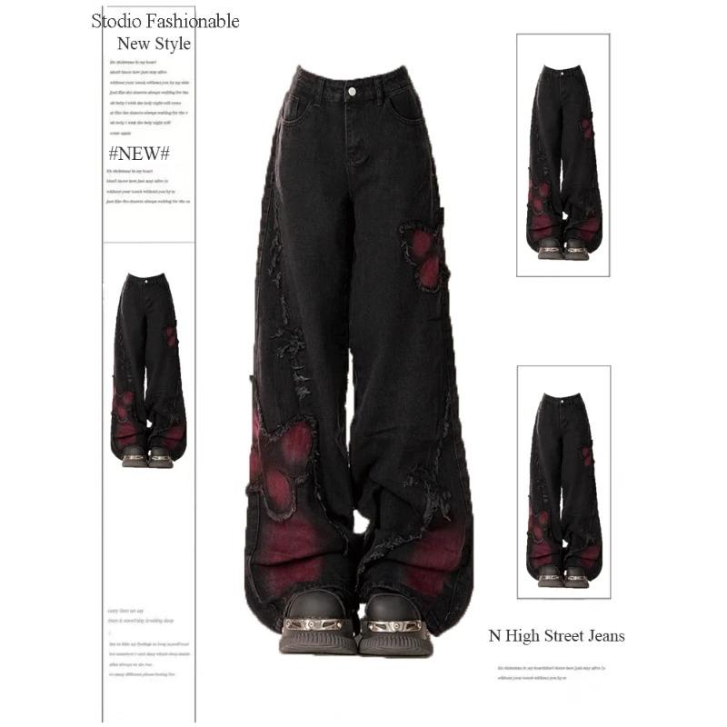 Women's Black Gothic Baggy Jeans Harajuku Y2k Aesthetic Butterfly Denim Trousers Korean Jean Pants Vintage 2000s Trashy Clothes