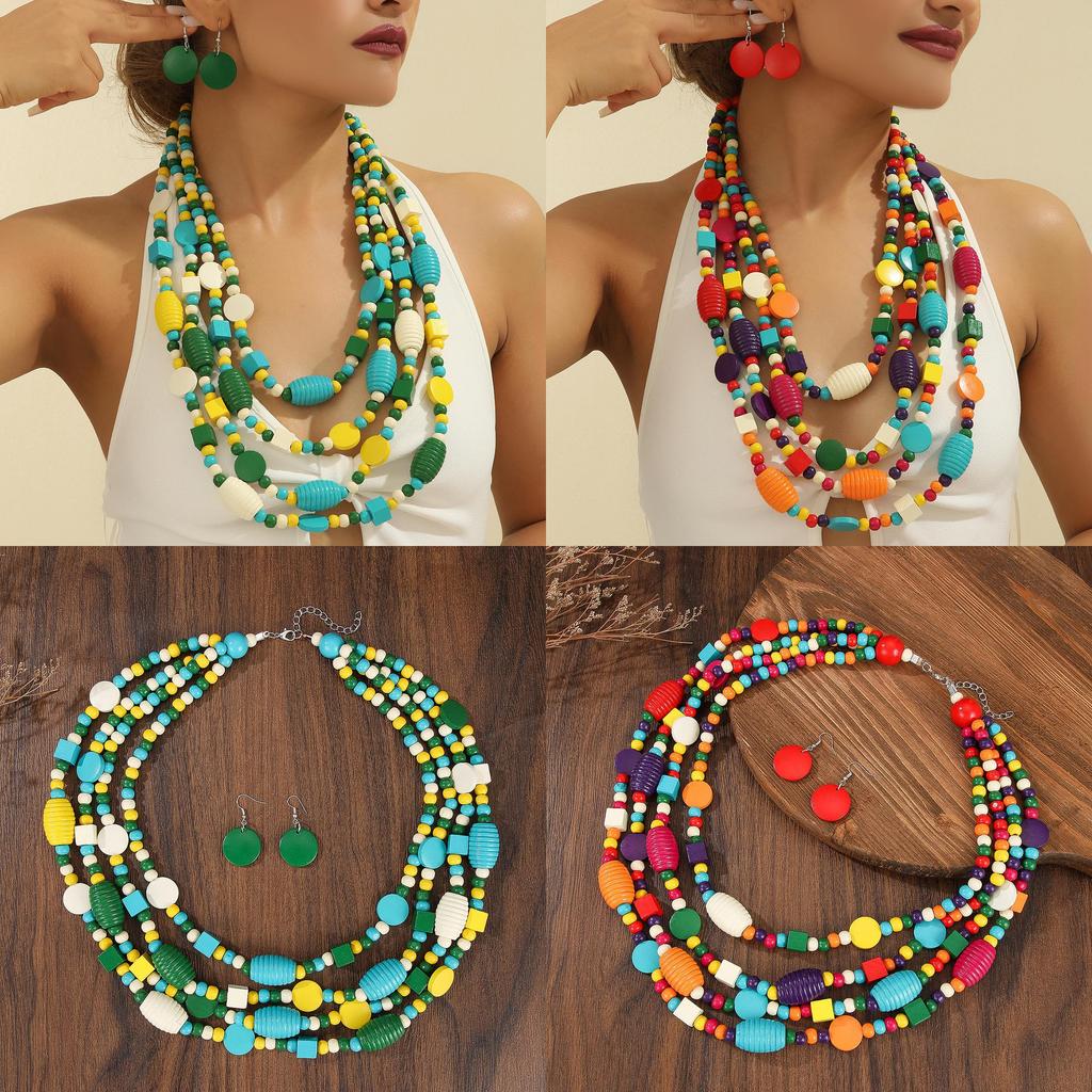 Geometric Handmade Wooden Bead Long Necklace Alloy Pendant For Women Decoration