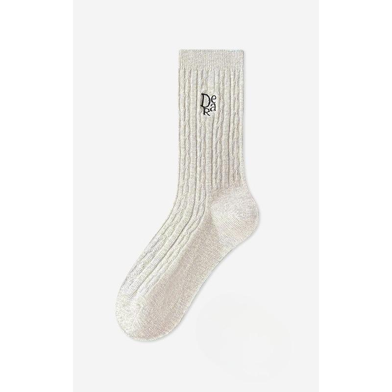 Women's Spring and Autumn Mid-calf Socks, Embroidered White Anti-pilling Pure Cotton Socks, Sweat-absorbing and Odor-proof Pile Socks