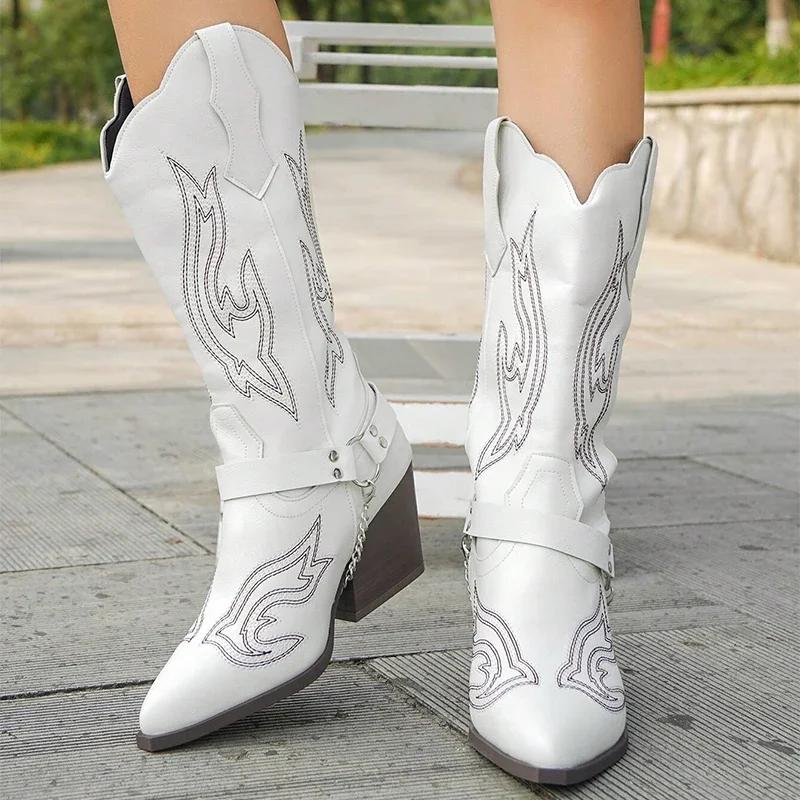 Fashion 2025 Spring Retro Cowboy Boots Women Mid Calf Western Boots Woman Pu Leather Knight Booties Big Size Point Toe Waterproof Boots