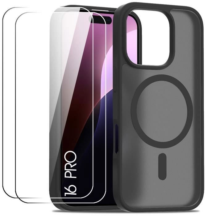 Case + 2 Tempered Glasses for iPhone 16 Pro, Hybrid Protection with Translucent Matte Black Magnetic Ring