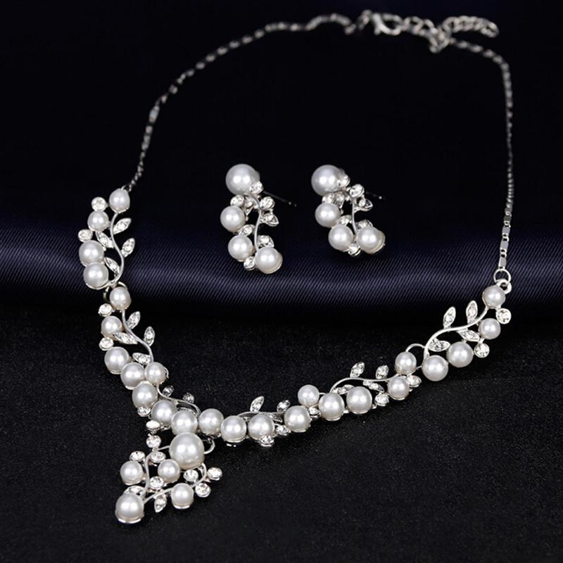 Imitation Pearl Short Necklace Earrings Jewelry Set Prom Party Accessory