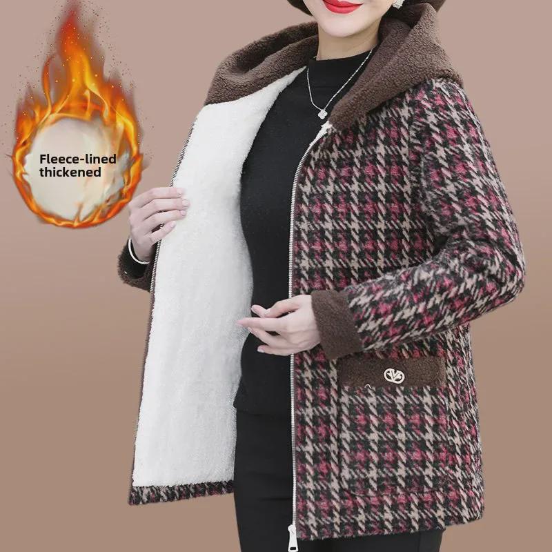 Women's Plush Hooded Lamb Fleece Jacket - Winter Thickened Plaid Short Coat Trendy Casual Top