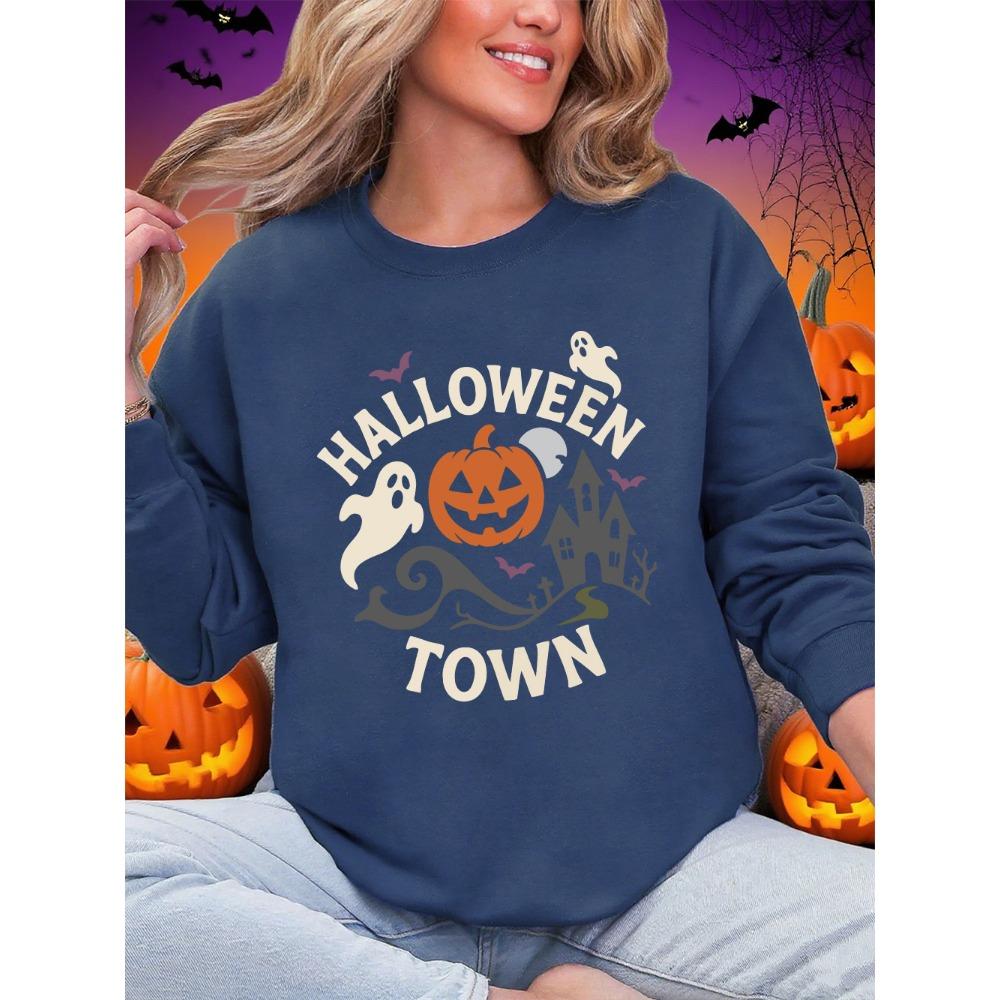 Halloween Town Pumpkin Lantern Prints Sweatshirts Women Loose Basics Hoodies Warm Crewneck Clothes Winter Casual Pullover