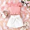 Girls Fashion Suit Summer Kids Lace Line Neck Top + Shorts + Belt Suit