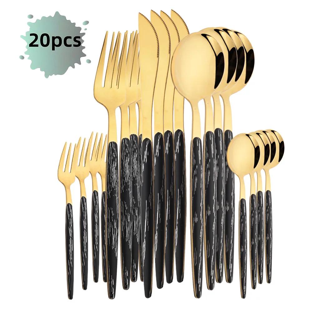 20Pcs Dinnerware Set Stainless Steel Silver Imitation Wooden Handle Clamp Western Knife Fork Spoon Cutlery Tableware Silverware