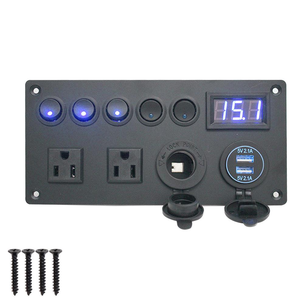 LED Digital Voltmeter 5 Gang Toggle Switch 12V/24V ON-OFF Button Cigarette Lighter For Car Marine Dual USB Port with US Plug Socket Car Switch Panel