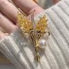 Gold-Plated Zircon Wheat Brooch with Pearl and Beeswax Accent