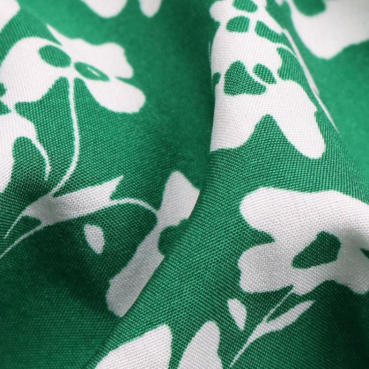 Women Summer Green Floral Print Pleated Dress Short Sleeve O Neck Lace Up