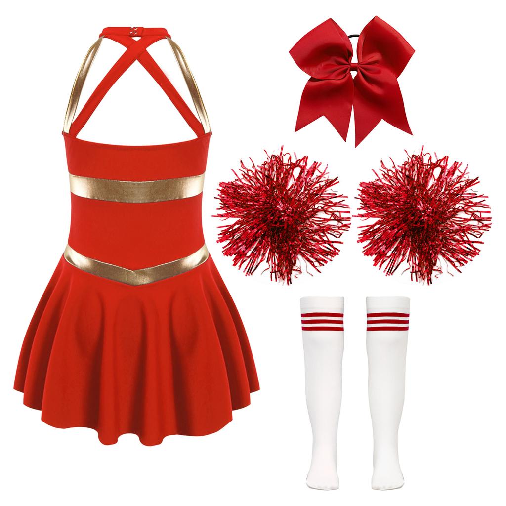 Cheer Leader Halloween Costume for Girls Sleeveless Tank  Dress Outfit with Pom Poms for Cheerleading Dancing