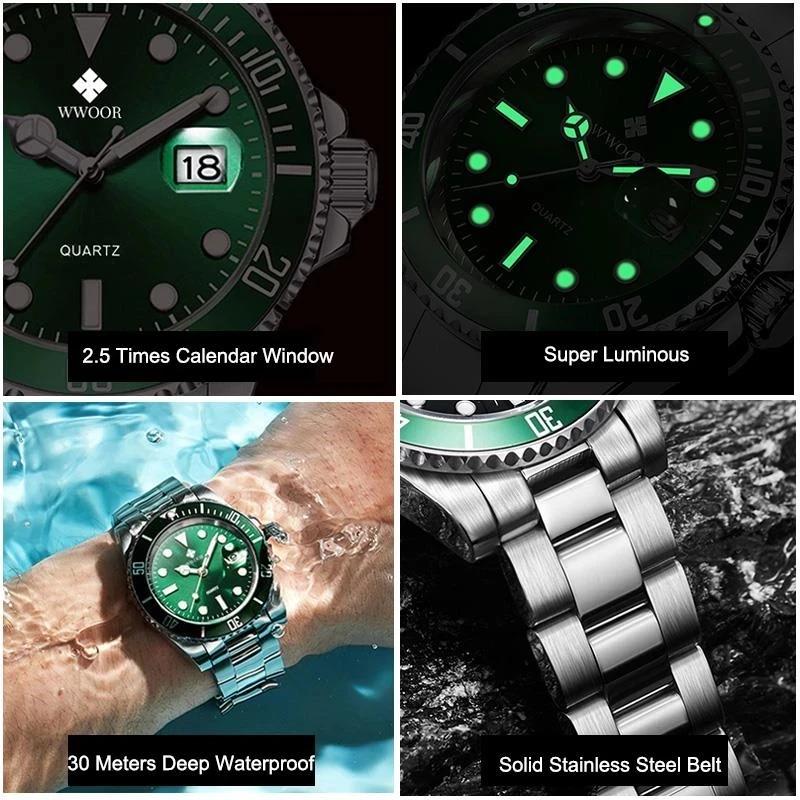 WWOOR Luxury Watches for Men Fashion Quartz Business Wristwatch Waterproof Green Water Ghost Watch Mens Watch