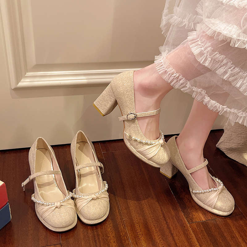 Mary Jane High Heels Women's Skirt Beautiful Thick Heel Single Shoes He Xiu Main Wedding Dress Bridesmaids Bride Engagement Shoes Women