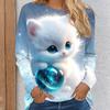 Tops For Women Glass Bead Cat Print Round Neck Long Sleeve T-shirt Fall Casual Slim Pullover Women's Long Sleeve Top
