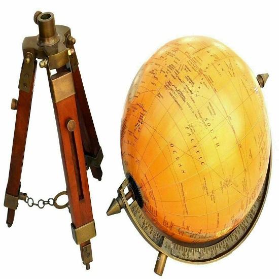 Brass Globe World Map Nautical Table Globe Ornament With Wood Tripod Stand