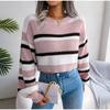 Women Autumn Winter O Neck Long Sleeve Striped Crop Loose Knit Pullover
