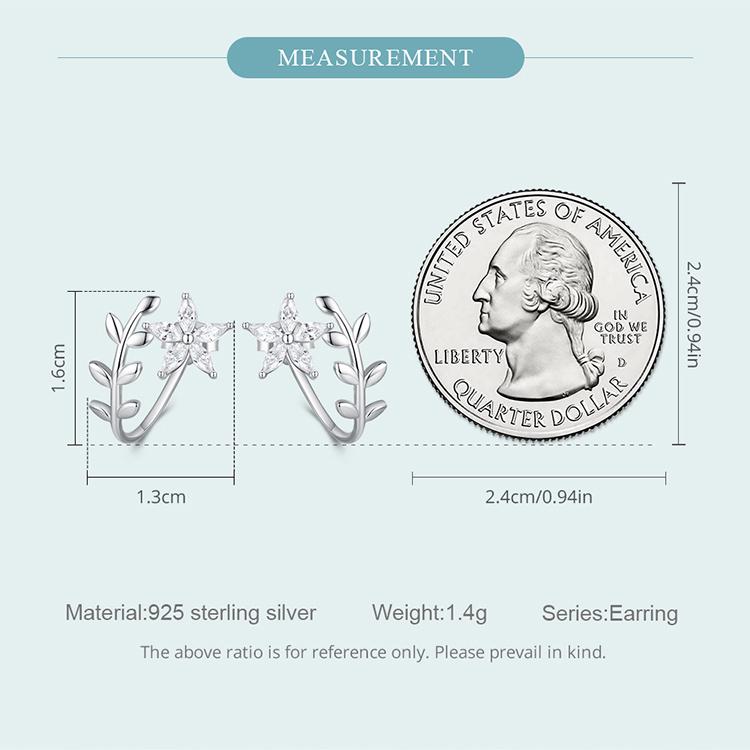 Bisaer 925 Sterling Silver Cubic Zirconia Flower & Leaf Earrings for Women Gift Fashion Jewelry