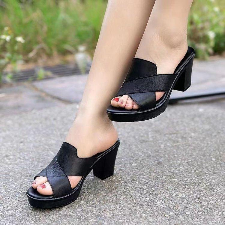 Large Size Four Summer Trendy New Women's Cool Slippers Thick Heel High Heel anti-Taiwan Casual Women's Shoes