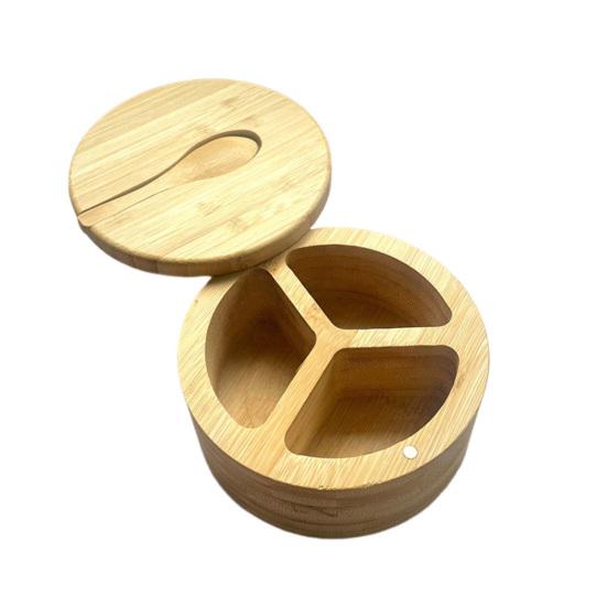 Bamboo Seasoning Storage Box with Magnetic Swivel Lid Wooden Salt Cellar Pepper Sugar Spice Holder Round Container Bowl Kitchen Gadgets