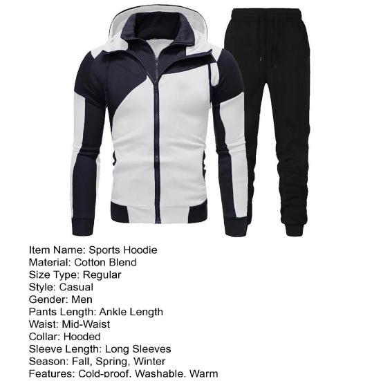 Men Autumn Winter Hoodie Pants Suit Fashion Hooded Splicing Zipper Coat with Elastic Waist Drawstring Pants Set