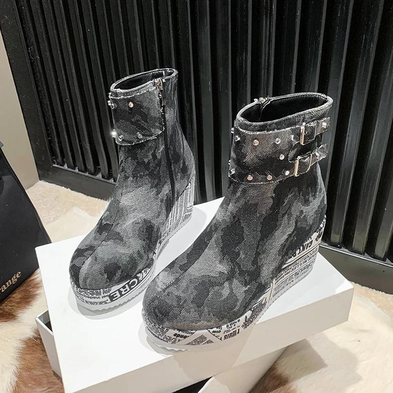 Thick Soled Boots Women Spring and Autumn 2024 New Denim Women's Boots Low Rise Casual Increase Height Shoes Female Mid-Calf