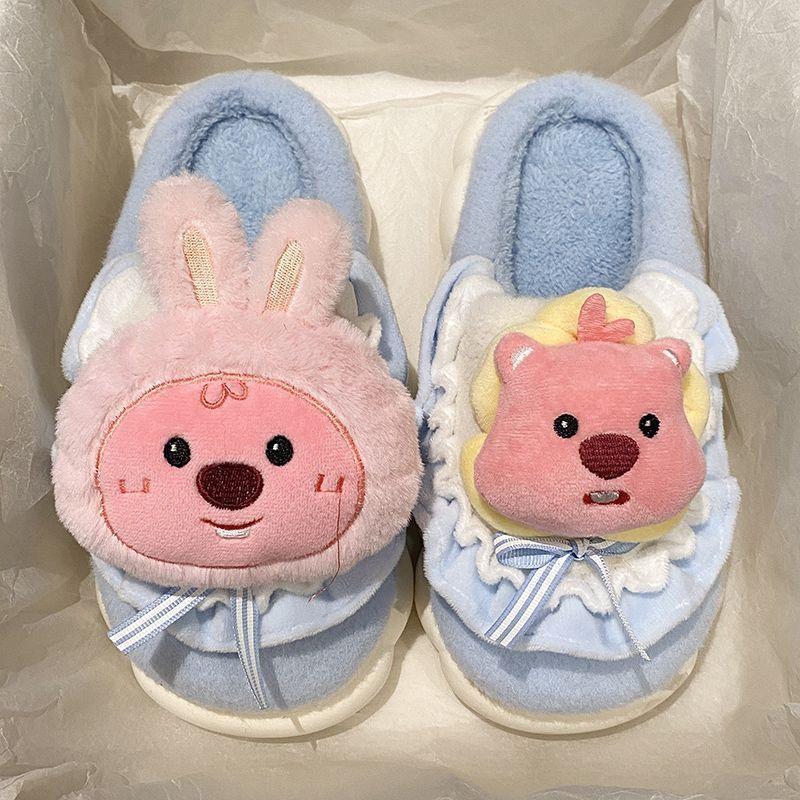 Women Slippers Cartoon Cute Cotton Slippers Thick Bottom Mute Home Warm Skin-friendly Plush Winter Fur Slippers Female Winter