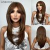Long Brown Straight Synthetic Wigs with Bangs Layered Hair Wigs for Black Women Daily Cosplay Heat Resistant Wig