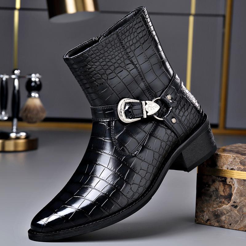 Fashion Big Size Buckle Designer Leather Chelsea Boots Men Fashion Casual Black Autumn Witner Dress Shoes Man Stone Pattern Ankle Boots