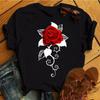 New Women Black T Shirt Red Rose Flower Print Tops Female Short Sleeve Tee Shirts Ladies Summer Cute Graphic T-shirts Clothing