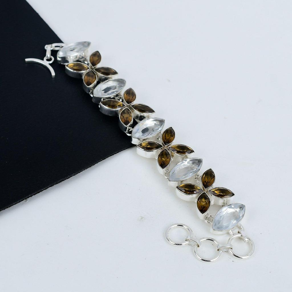 Smoky Topaz , White Topaz Gemstone Handmade 925 Sterling Silver Bracelet, Smoky Topaz , White Topaz Bracelet For Wife , Unisex Bracelet, Gift For Her