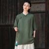 Vintage Women Shirts Stand Half Sleeve Solid Color Blouses Summer Button Chinese Style Loose Shirts