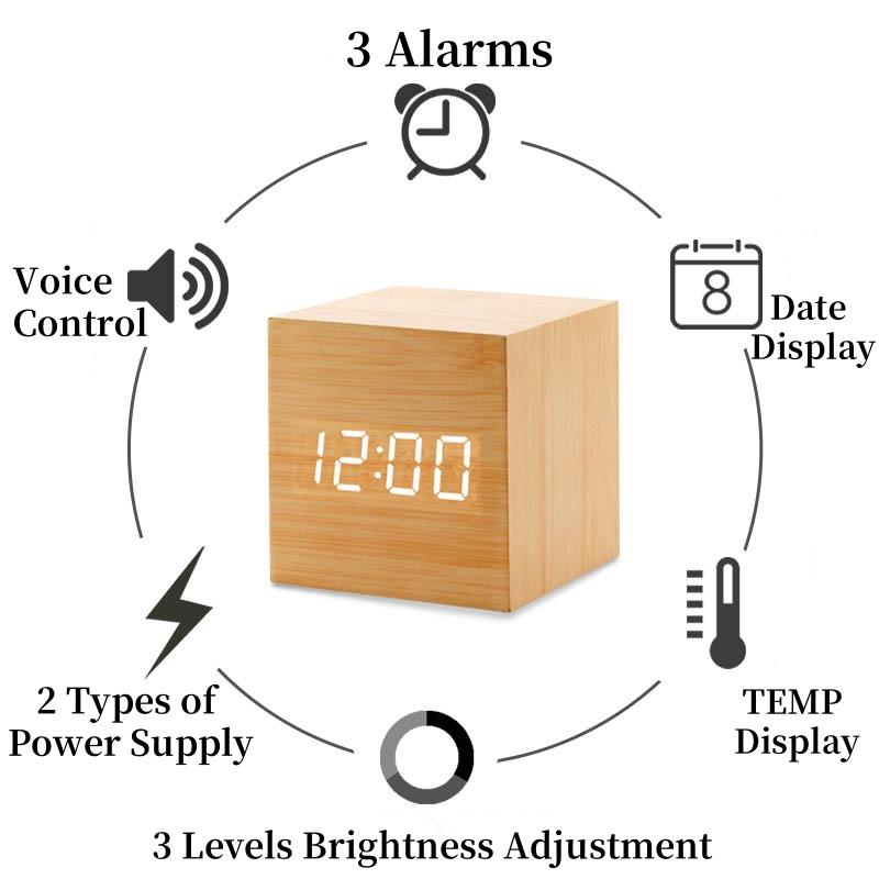 Voice Control  Wooden Digital Alarm Clock TEMP Date 3 Alarms Desktop Electronic Table Clock 12/24H USB Powered LED Bedside Clock