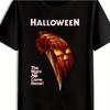 Men's Halloween Pattern T-Shirt - Scary Pumpkin with Knife Design, Striking Red Text, Black Casual Short Sleeve Crew Neck
