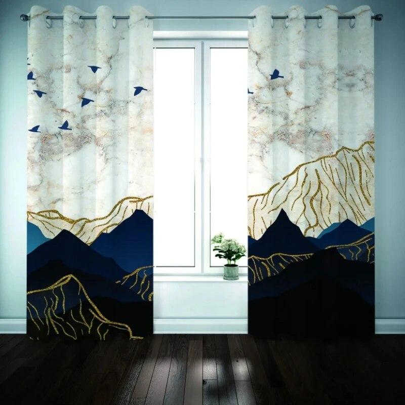 Birds Fly Over The Mountains Pattern High Blackout Curtains For Bedroom Villa Gold Marble Window Curtain For Living Room Drape