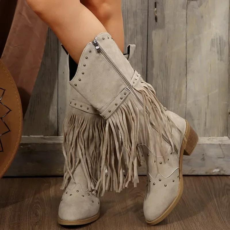 Women's Shoes Side Zipper Women's Boots Fashion Tassel Modern Boots Women New Rivet Belt Buckle Mid-Calf Boots