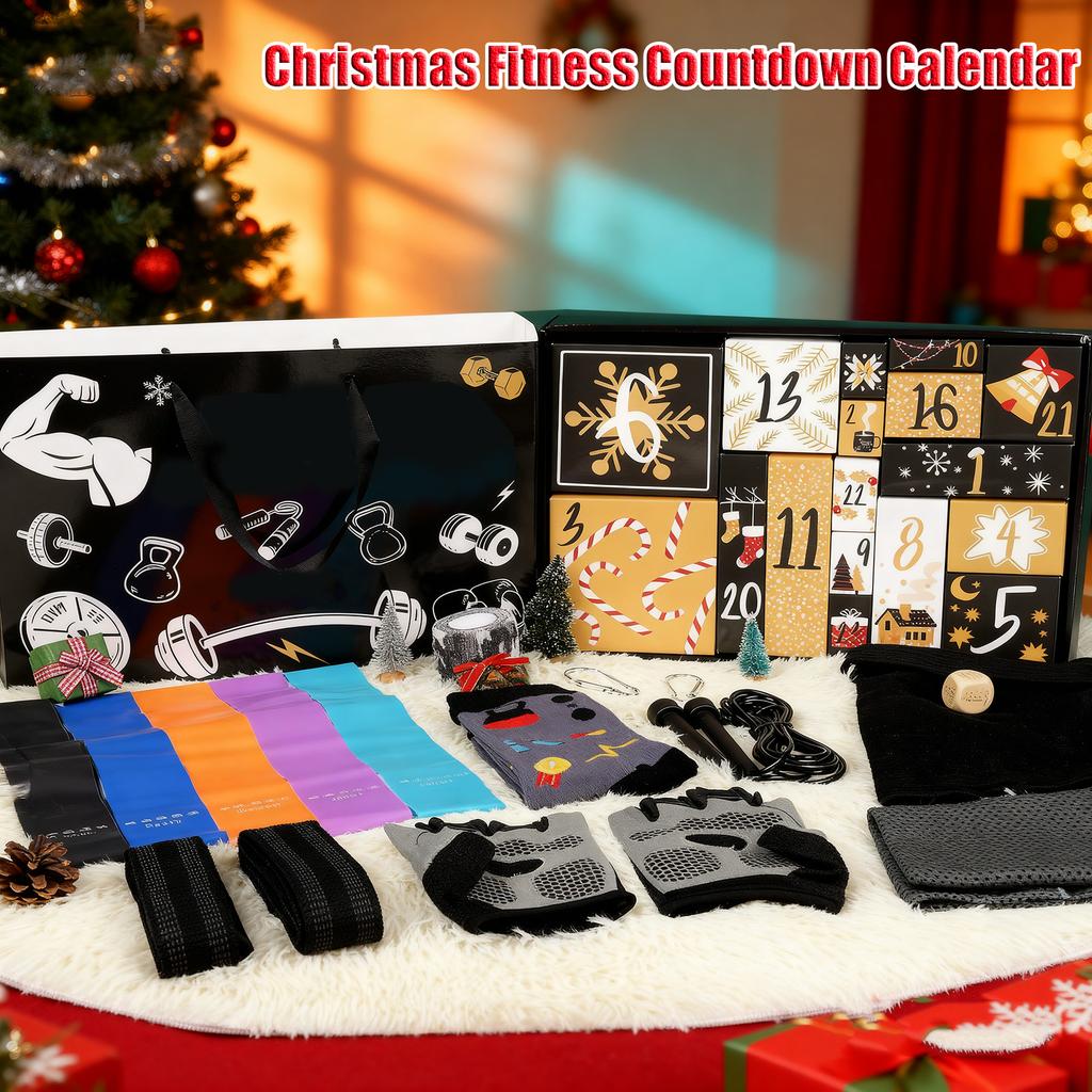 Christmas Fitness Equipment  Calendar , Featuring 24  Workout Items Such As Jump Ropes, Resistance Bands, Gloves, And Headbands - A Christ