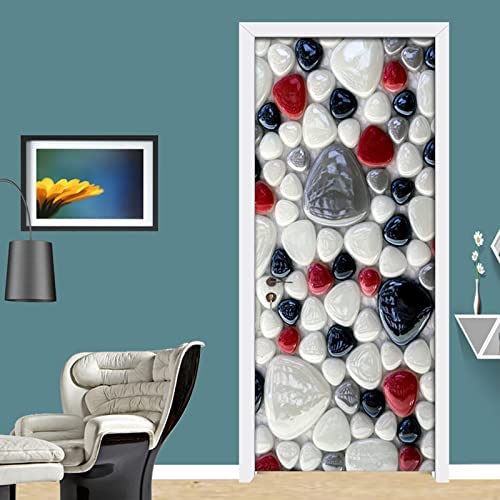 3D Door Stickers Decor Removable Kids Teens Colored Pebbles Door Murals Wallpaper Waterproof Removable Art Door Decals