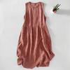 2025 Summer New Round Neck Sleeveless Cotton and Linen Large Size Plaid Sleeveless Vest Skirt Women's Loose Casual Dress