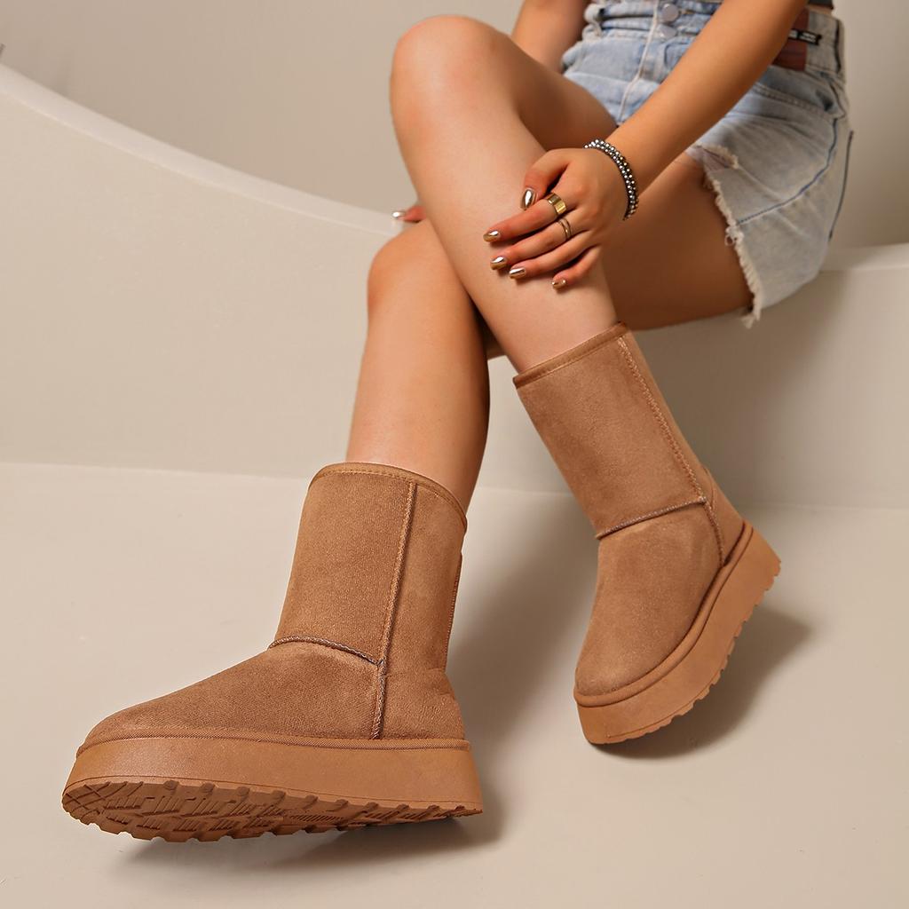 Fashion Winter Women's Boots Round Toe Low Heel Shoes for Women Slip-on Platform Mid-calf Snow Boots Outdoor Solid Color Keep Warm Shoes