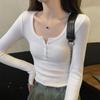 Half-open Collar Hot Girl Slim T-shirt Women's Base Shirt Spring and Autumn Thread Button Long-sleeved Top